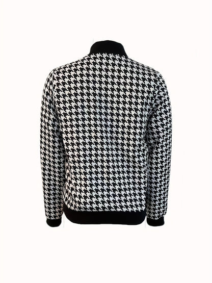 Houndstooth Print Bomber Jacket, Casual Zip Up Long Sleeve Outerwear, Women's Clothing