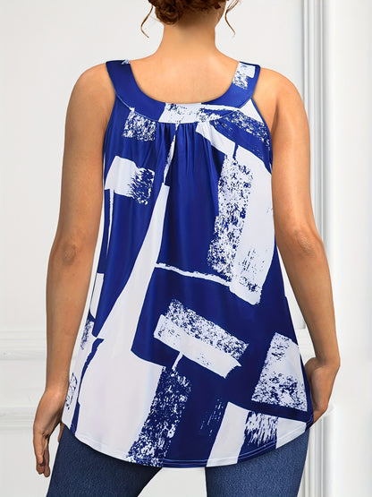 Plus Size Round Neck Colorblock Curved Hem Casual Tank Top