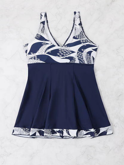 Plus Size Womens Vibrant Floral Print Tie Front V Neck One Piece Swimsuit - High Stretch, Comfortable, Vacation Essential - Polyester Knit Fabric, Random Printing, No Sheer