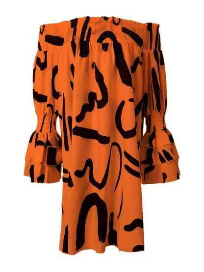 Letter Print Off Shoulder Dress, Loose Long Sleeve Dress, Casual Every Day Dress, Women's Clothing