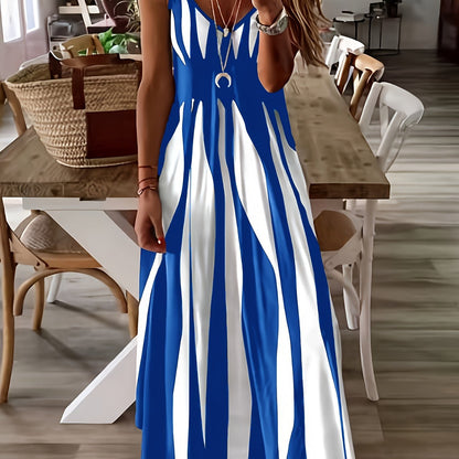 Vibrant Geo Print Deep V Neck Modest Sun Dress - Soft Micro Elastic Polyester Fabric, Machine Washable, Sleeveless, Spaghetti Strap, Perfect for Summer - Womens Casual Wear