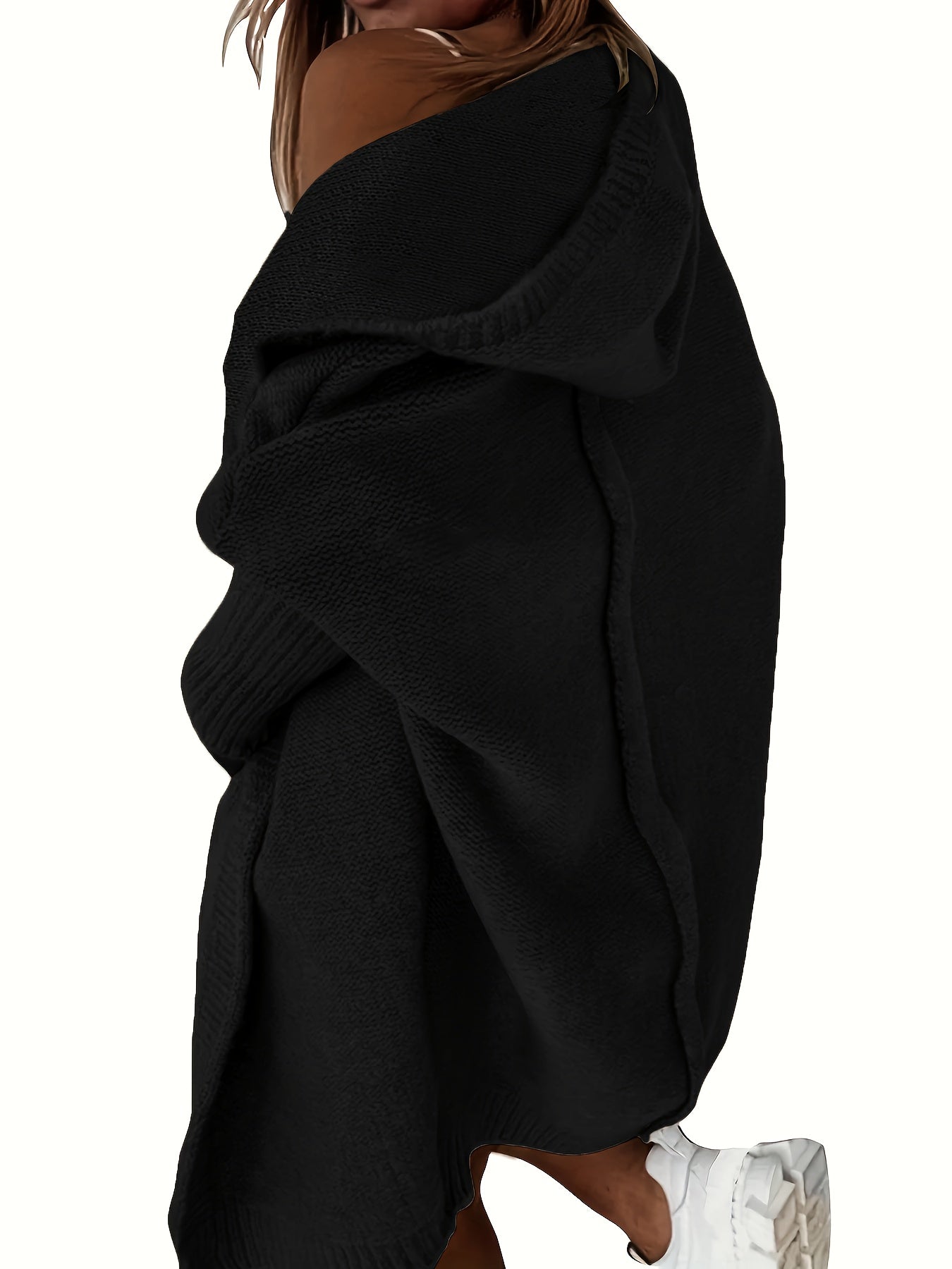 Plus Size Casual Cardigan, Women's Plus Solid Stitching Long Sleeve Hooded Open Front Slight Stretch Sweater Cardigan