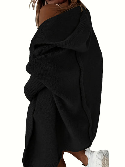 Plus Size Casual Cardigan, Women's Plus Solid Stitching Long Sleeve Hooded Open Front Slight Stretch Sweater Cardigan