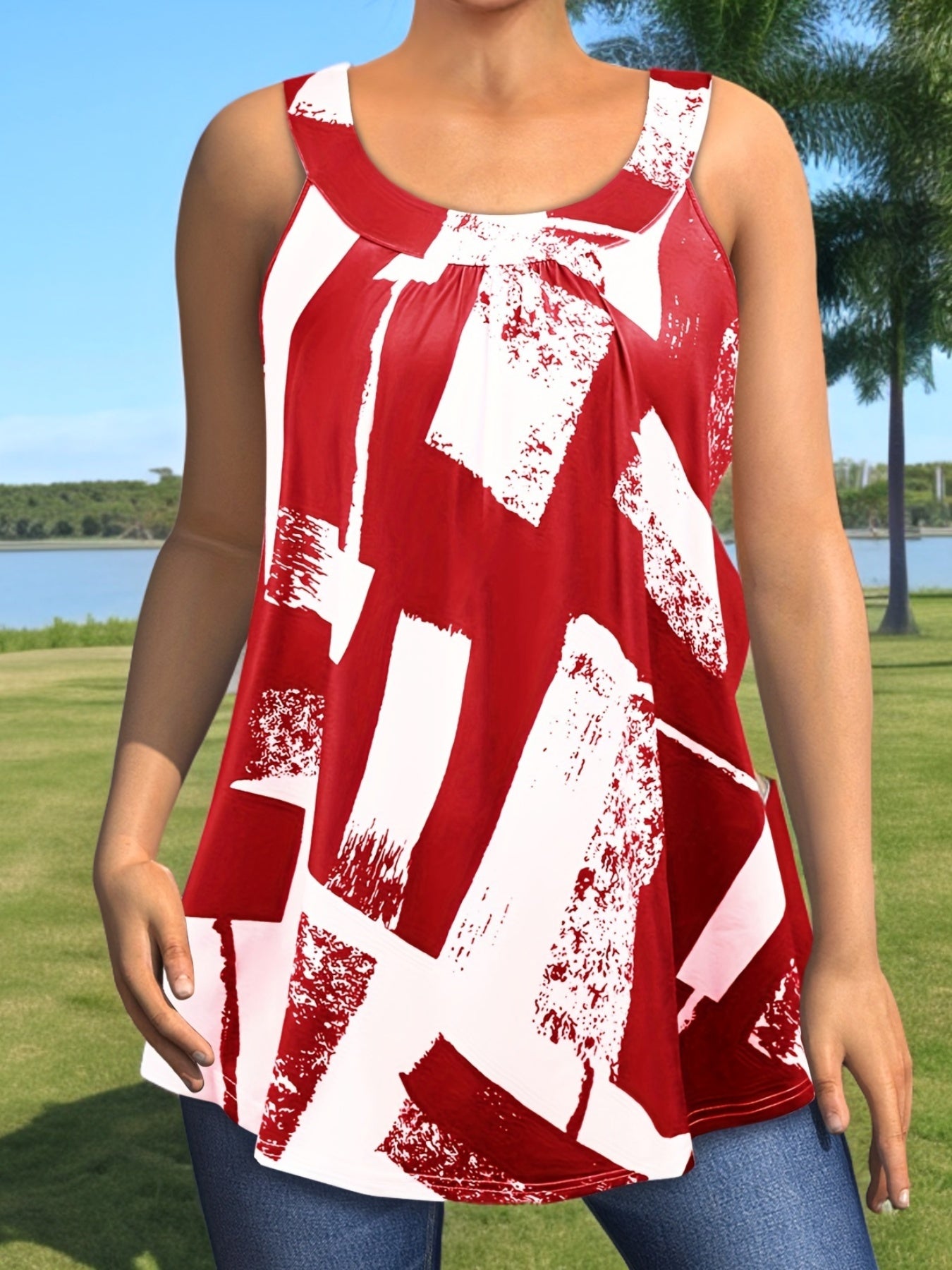 Plus Size Round Neck Colorblock Curved Hem Casual Tank Top