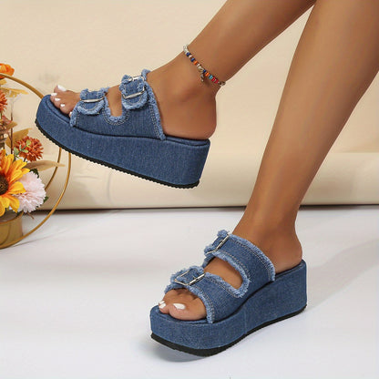 Stylish Womens Denim Platform Sandals - Square Open Toe, Buckle Strap, Slip-on, EVA Sole, Comfortable Strappy Back Slide Shoes for Summer Outdoor Activities