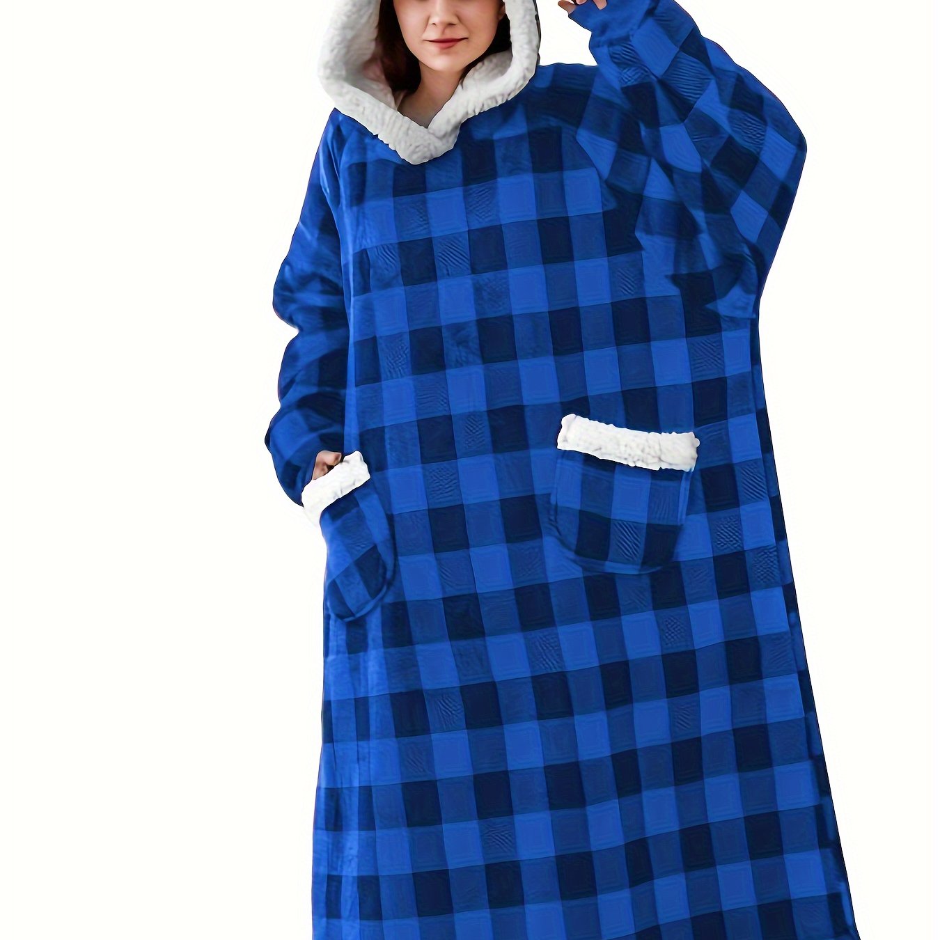 Cozy Plus-Size Hooded Fleece Robe - Winter Casual Comfort with Pockets & Stretch Fabric, Machine Washable