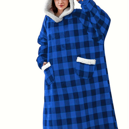 Cozy Plus-Size Hooded Fleece Robe - Winter Casual Comfort with Pockets & Stretch Fabric, Machine Washable