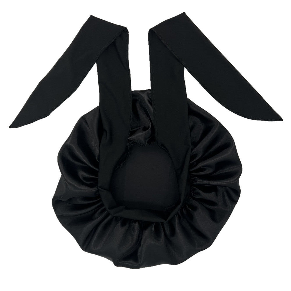 ZTZI Jumbo Satin Sleep Bonnet with Adjustable Elastic Tie Band - Large Black Hair Bonnet for Women, Stretchy Straps for Long Curly Braid Hair Protection, Soft Polyester Material