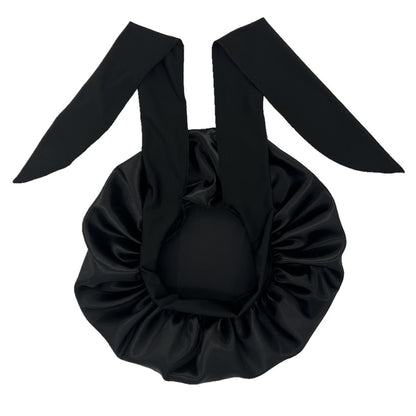 ZTZI Jumbo Satin Sleep Bonnet with Adjustable Elastic Tie Band - Large Black Hair Bonnet for Women, Stretchy Straps for Long Curly Braid Hair Protection, Soft Polyester Material