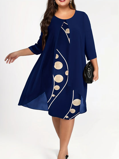 [Elegant Abstract Print Dress] Elegant 3/4 Sleeve Abstract Print Layered Dress - Women's Clothing, Crew Neck