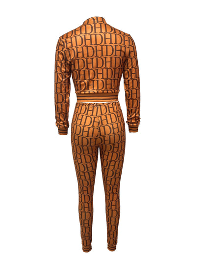 Women's Letter Print Slim Two-piece Set - Mock Neck Long Sleeve Tops & Long Length Pants Outfits - For Casual & Chic Style - Perfect Gift for Fashionable Women