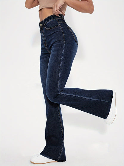 High-Rise Blue Raw Hem Flare Jeans - Slim Fit Bell Bottoms for Women - High-Stretch Denim Clothing with Trendy Style