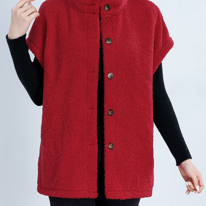 Womens Chic Button Front Teddy Vest - Lightweight Fleece, Short Sleeve, Solid Colors - Perfect for Layering, Stylish & Versatile Wardrobe Staple