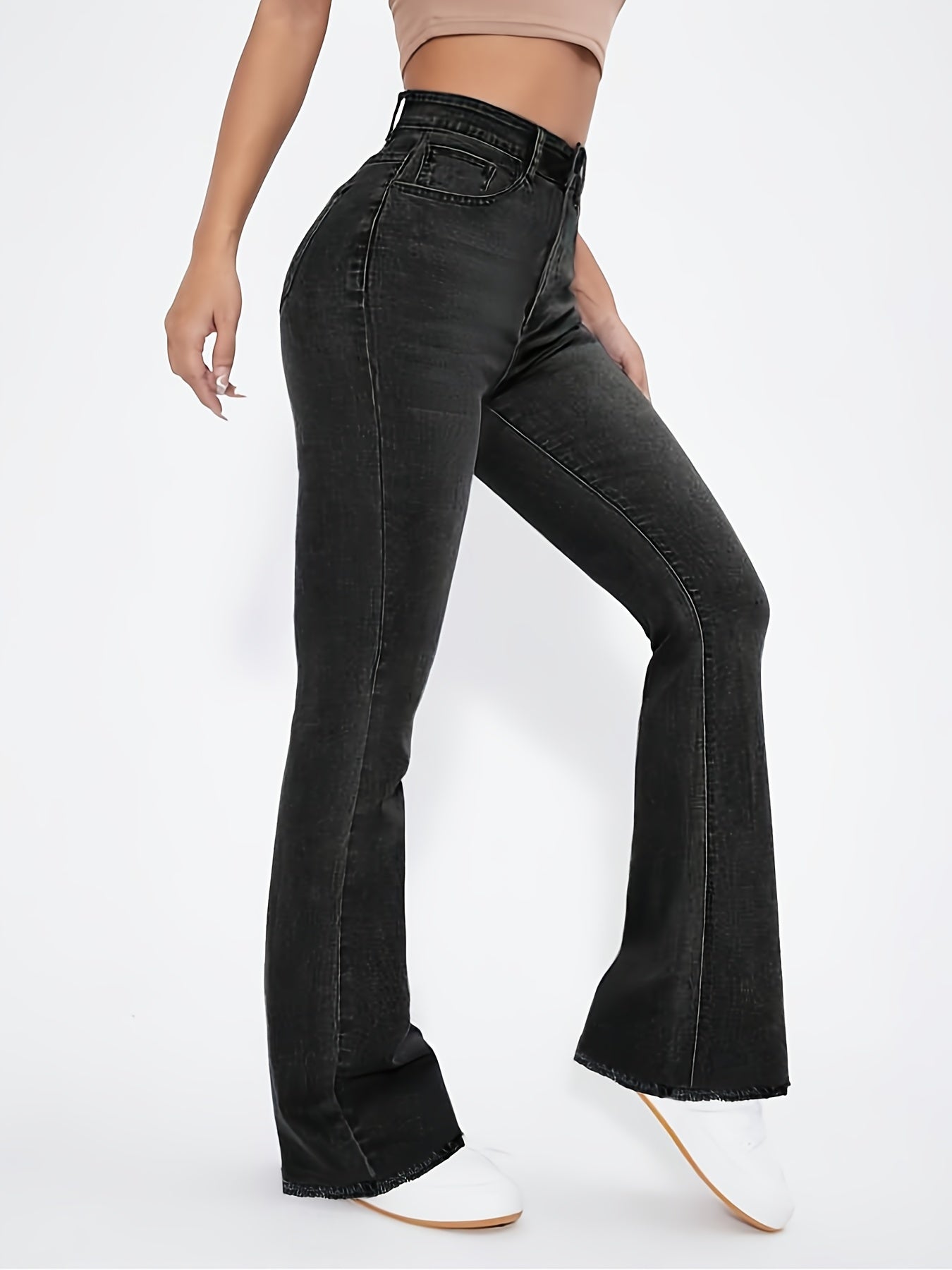 High-Rise Blue Raw Hem Flare Jeans - Slim Fit Bell Bottoms for Women - High-Stretch Denim Clothing with Trendy Style