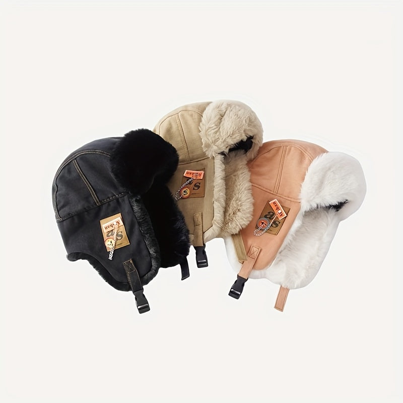 [Thickened Plush Earmuffs] 1pc Thickened Plush Earmuffs - Windproof Flying Cap With Chain And Cloth Label For Men Women
