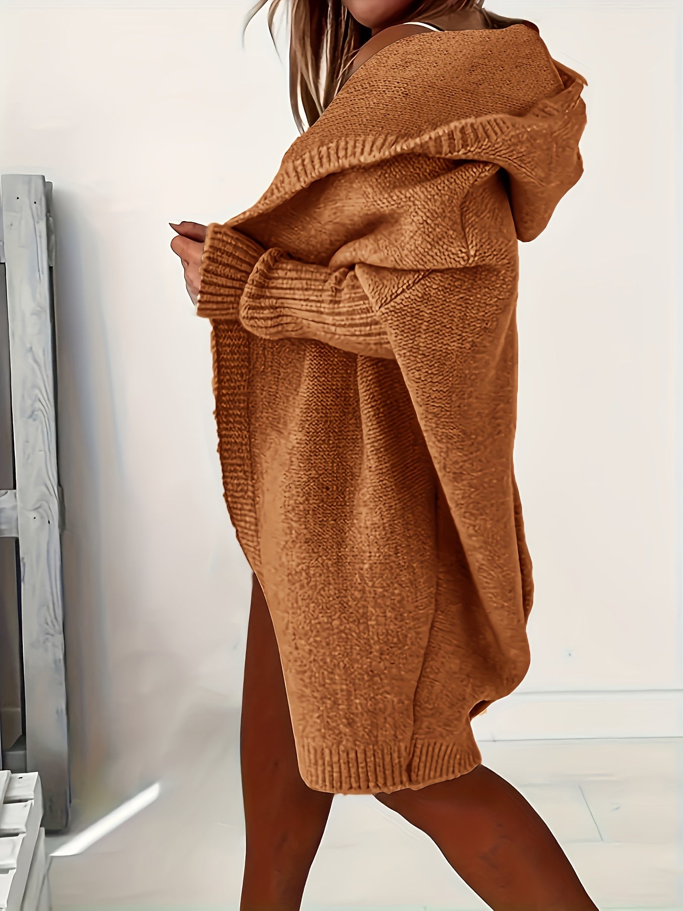 Plus Size Casual Cardigan, Women's Plus Solid Stitching Long Sleeve Hooded Open Front Slight Stretch Sweater Cardigan