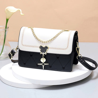 Geometric Embroidered Flap Square Bag - Chic Crossbody with Stylish Chain, Magnet Closure, and Bag Charm