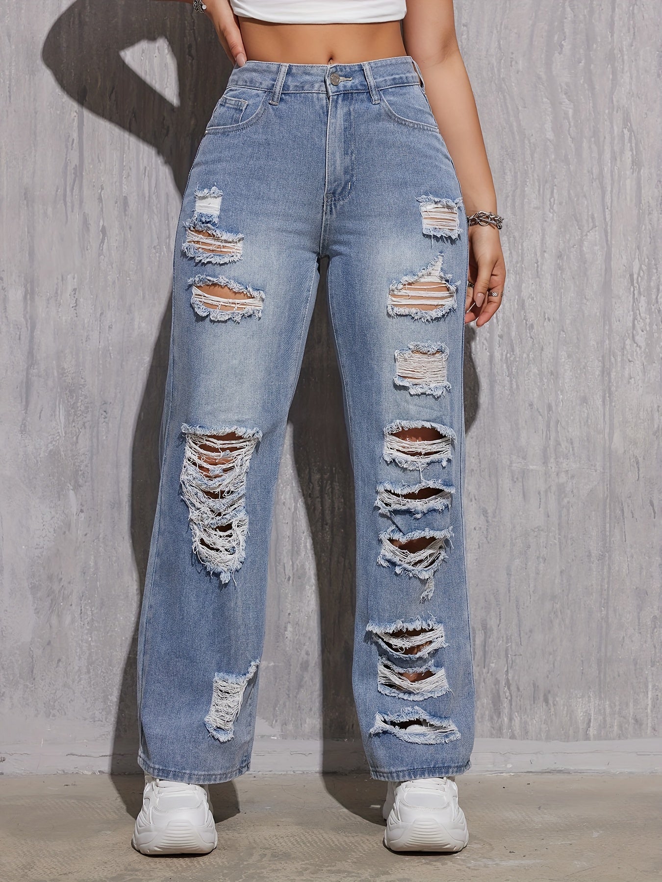Loose Fit Blue Ripped Hole Straight Leg Jeans - Comfortable Non-Stretch Cotton Blend Denim with Distressed Slant Pockets and Wide Legs - Machine Washable, Casual Style for All Seasons