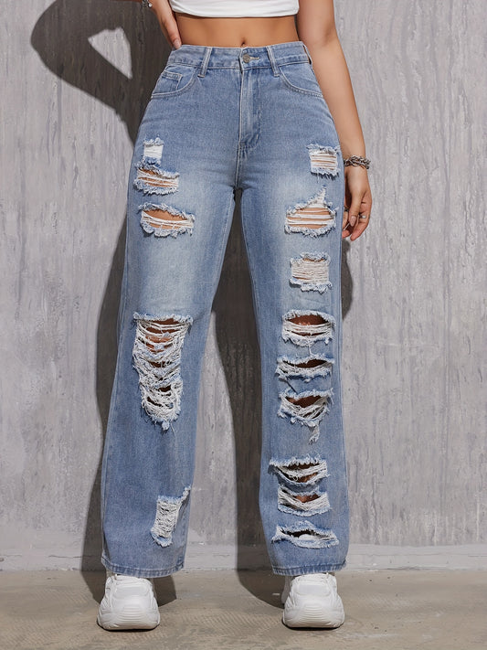 Loose Fit Blue Ripped Hole Straight Leg Jeans - Comfortable Non-Stretch Cotton Blend Denim with Distressed Slant Pockets and Wide Legs - Machine Washable, Casual Style for All Seasons