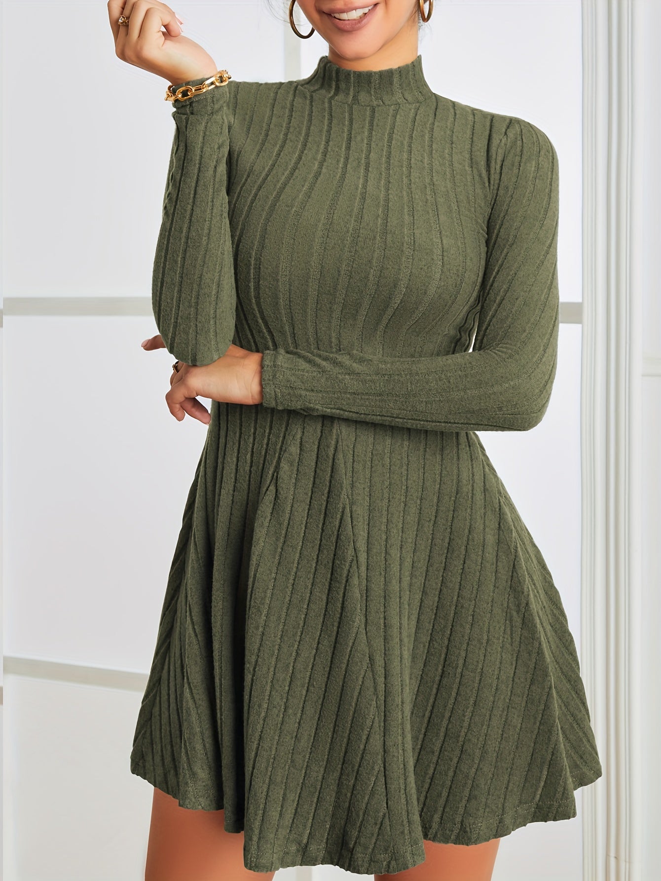 Solid Ribbed Dress, Casual Mock Neck Long Sleeve Dress, Women's Clothing