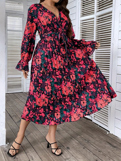 Plus Size Casual Dress, Women's Plus Floral Print Lantern Sleeve Surplice Neck Slight Stretch Midi Dress With Belt