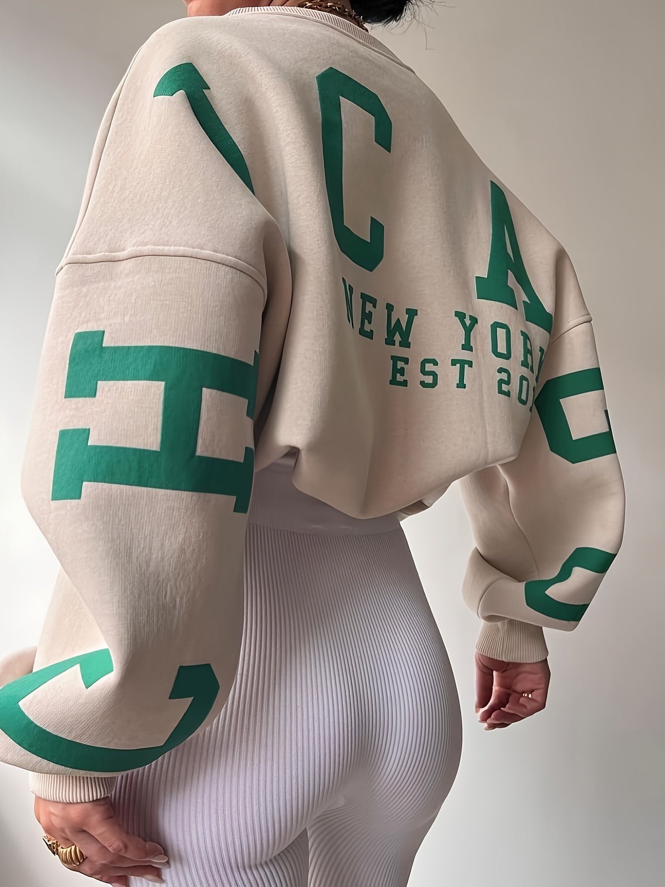 Plus Size Casual Top, Women's Plus Letter Print Drop Shoulder Long Sleeve Round Neck Sweatshirt