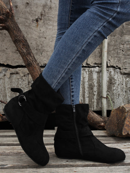 Womens Classic Solid Color Ankle Boots with Round-Toe Design - Fashion Buckle Belt & Side Zipper Closure - Ultra-Comfortable Outdoor Shoes for Stylish Adventures