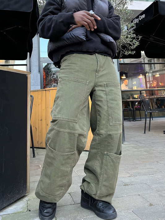 Retro Denim Men's Straight Leg Cargo Pants, Loose Baggy Pants Casual Outdoor Jeans Pants, Work Pants Hipster Streetwear Hiphop Rapper Style For Men