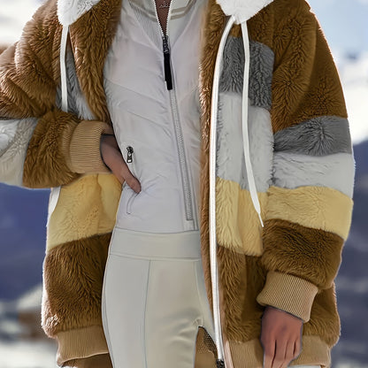Ultra-Soft Color Block Fuzzy Hooded Coat - Stylish Winter Warm Outerwear with Full-Length Sleeves - Perfect for Casual Wear - Womens Clothing