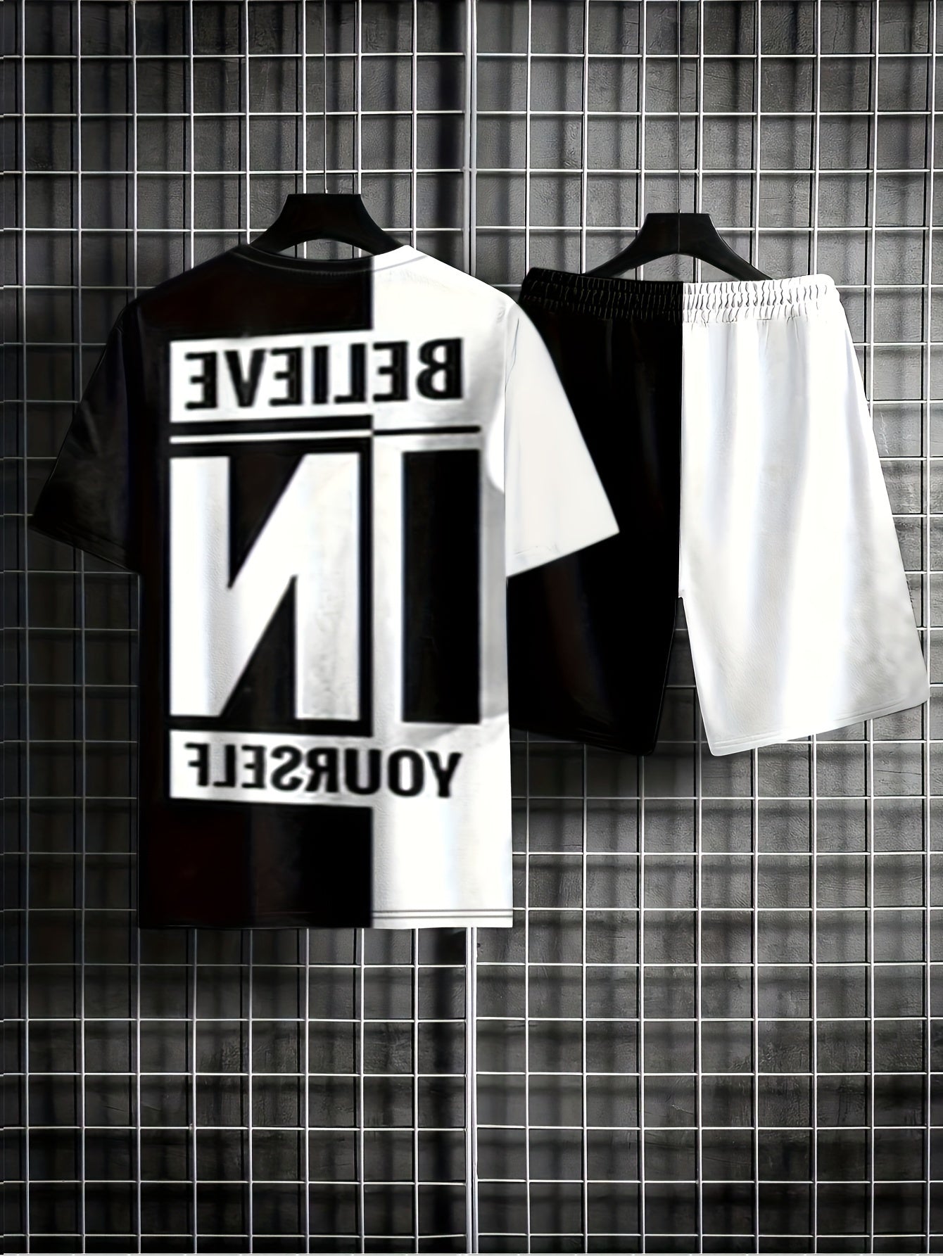 Believe In Yourself Print, Men's 2Pcs Outfits, Casual Crew Neck Short Sleeve T-shirt And Drawstring Shorts Set For Summer, Men's Clothing