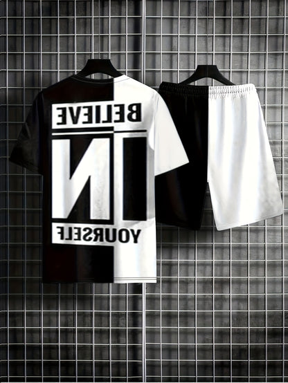 Believe In Yourself Print, Men's 2Pcs Outfits, Casual Crew Neck Short Sleeve T-shirt And Drawstring Shorts Set For Summer, Men's Clothing