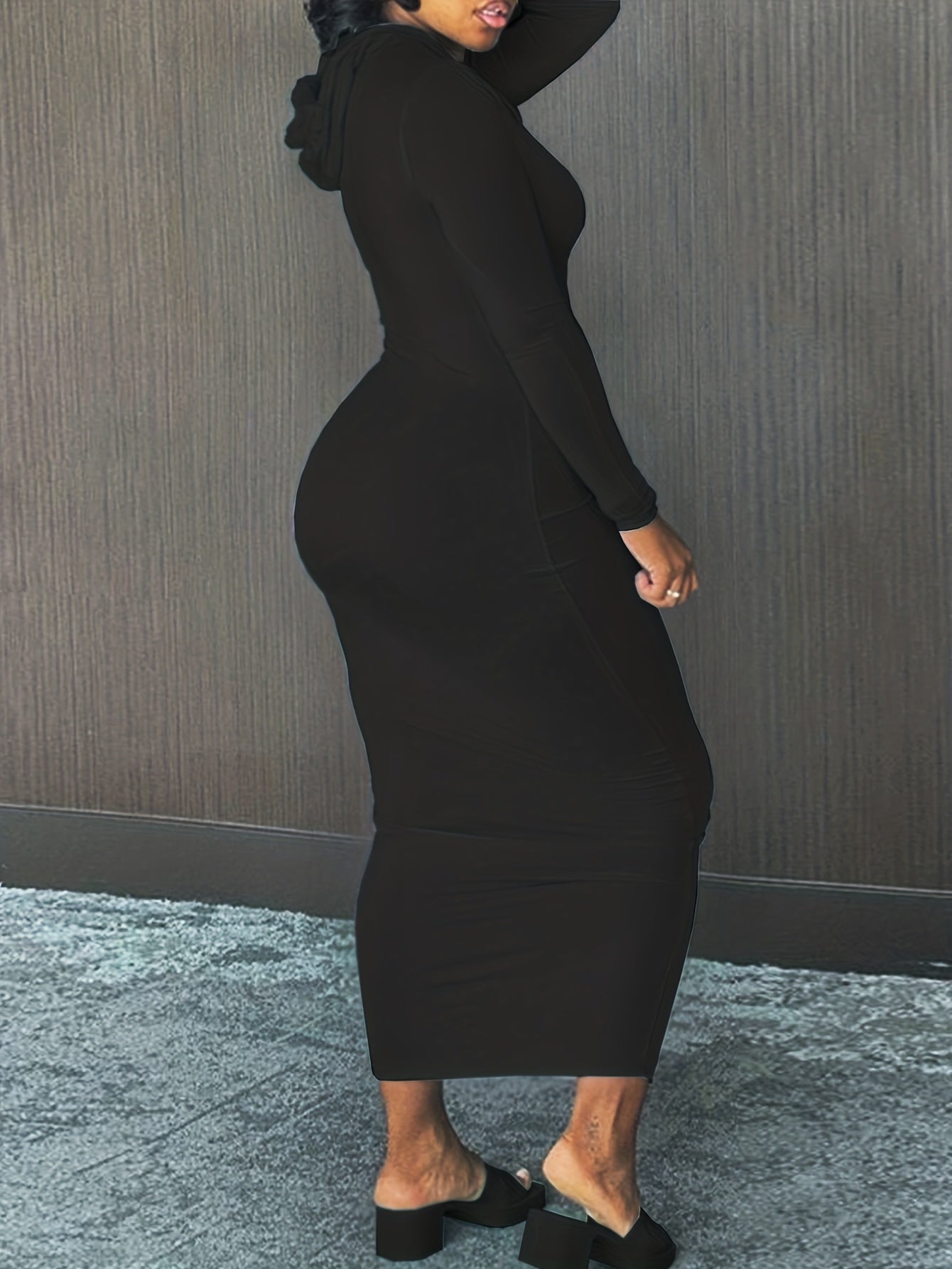 Cozy Winter Hooded Lounge Dress - Casual Wrap Style with High Elasticity, Easy Care, Long Sleeve Knit for Women