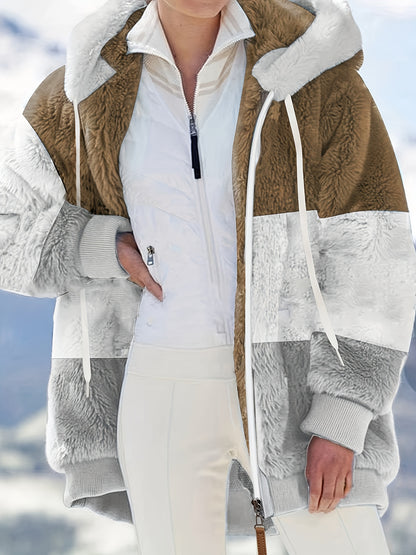 Plus Size Colorblock Fuzzy Hoodie Drawstring Zip Up Coat, Women's Plus Pocket Casual Overcoat