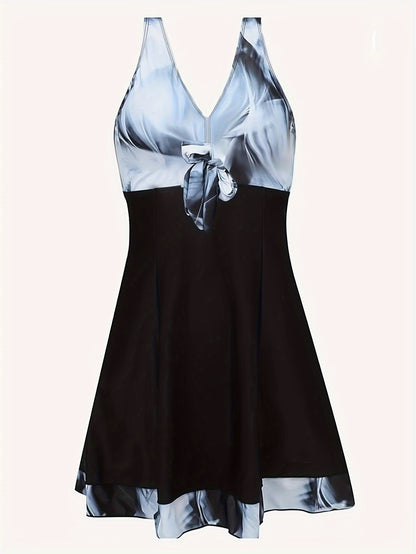 Plus Size Womens Vibrant Floral Print Tie Front V Neck One Piece Swimsuit - High Stretch, Comfortable, Vacation Essential - Polyester Knit Fabric, Random Printing, No Sheer