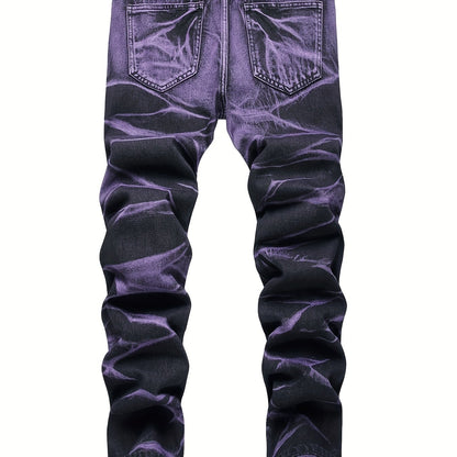 Y2k Tie Dye Ripped Jeans, Men's Casual Street Style Regular Denim Pants With Pockets