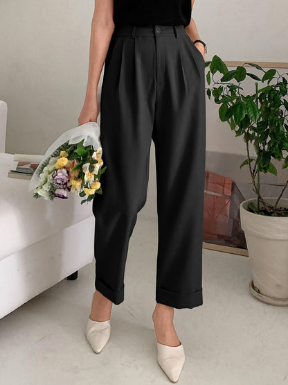Chic Solid High Waist Pleated Pants - Flattering Draped Design, Straight Leg, Casual Style - Perfect for Womens Wardrobe