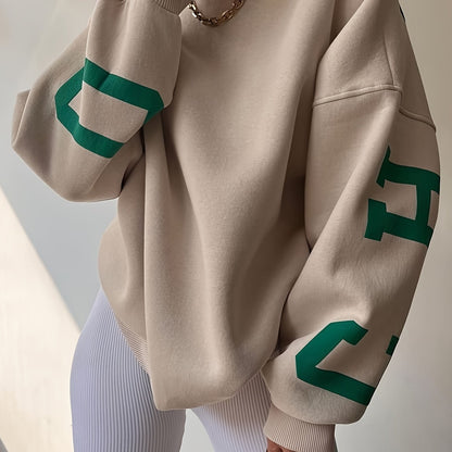Plus Size Casual Top, Women's Plus Letter Print Drop Shoulder Long Sleeve Round Neck Sweatshirt