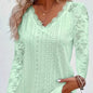 Chic Contrast Lace V-neck Eyelet T-Shirt - Fashionable Long Sleeves for Spring & Fall - A Stylish Womens Wardrobe Essential