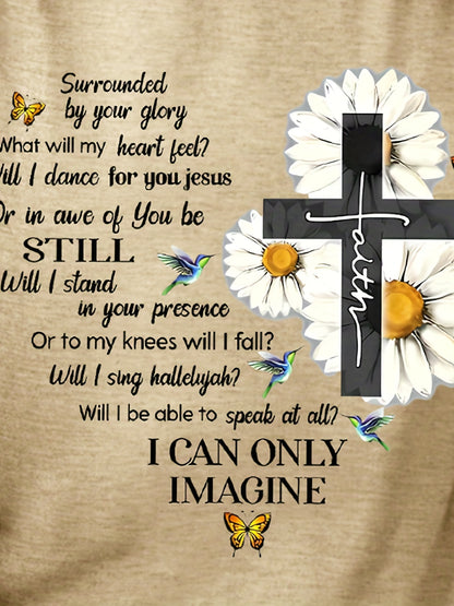 Floral & Letter Print Tee, Casual Long Sleeve Crew Neck T-shirt, Women's Clothing