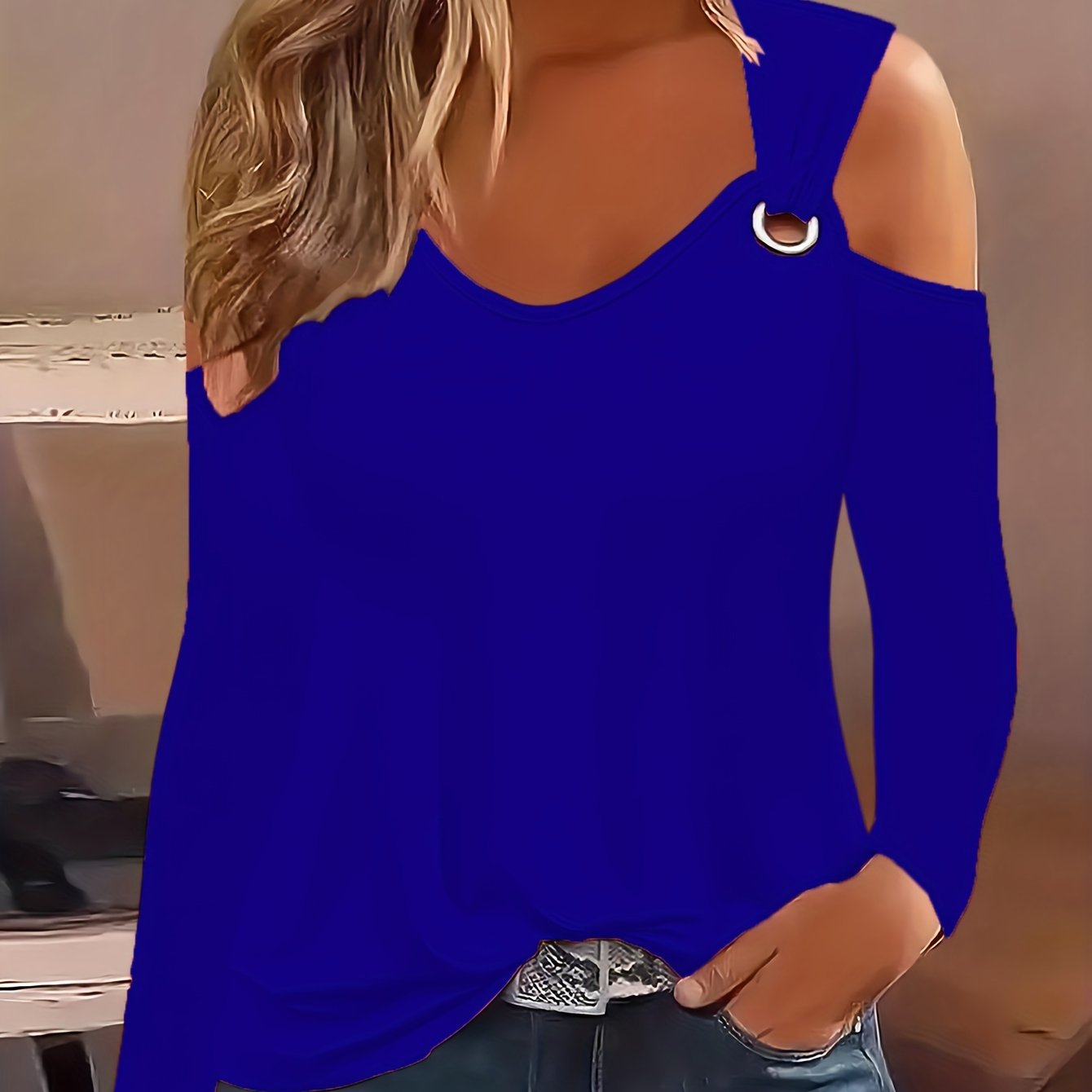 Solid Ring Detail Crew Neck T-Shirt, Casual Cold Shoulder Long Sleeve Top For Spring & Fall, Women's Clothing