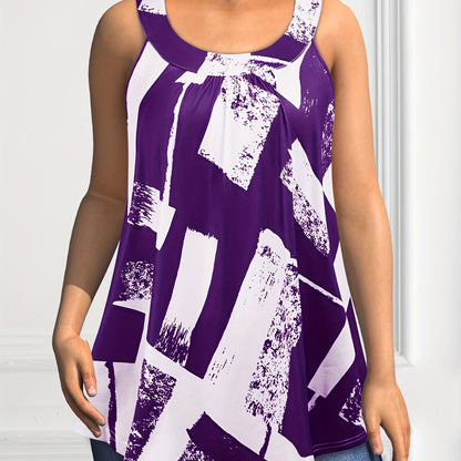 Plus Size Round Neck Colorblock Curved Hem Casual Tank Top