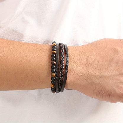 Retro Men's Braided Natural Obsidian Bracelet, Beaded Tiger Eye PU Leather Braided Stacking Multilayer Bracelet