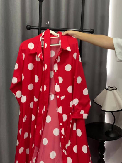 Elegant Plus Size Polka Dots Print Maxi Dress - Women's Button Up Collared Belted