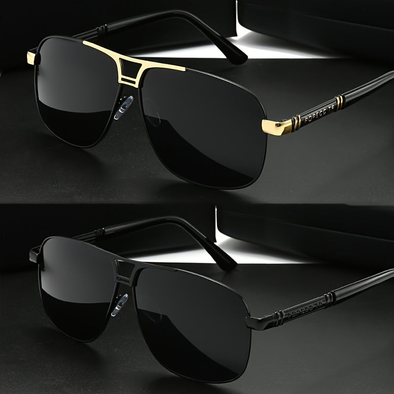 2pcs Retro-Style Men's Glasses With Polarized Lenses, PC Frame, Perfect For Outdoor Activities, Business, Travel, And Everyday Wear