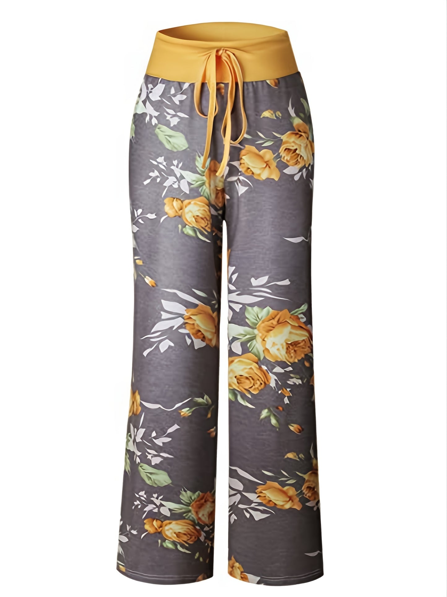 Plus Size Floral Print High Rise Drawstring Long Pants, Women's Plus Slight Stretch Loose Casual Pants