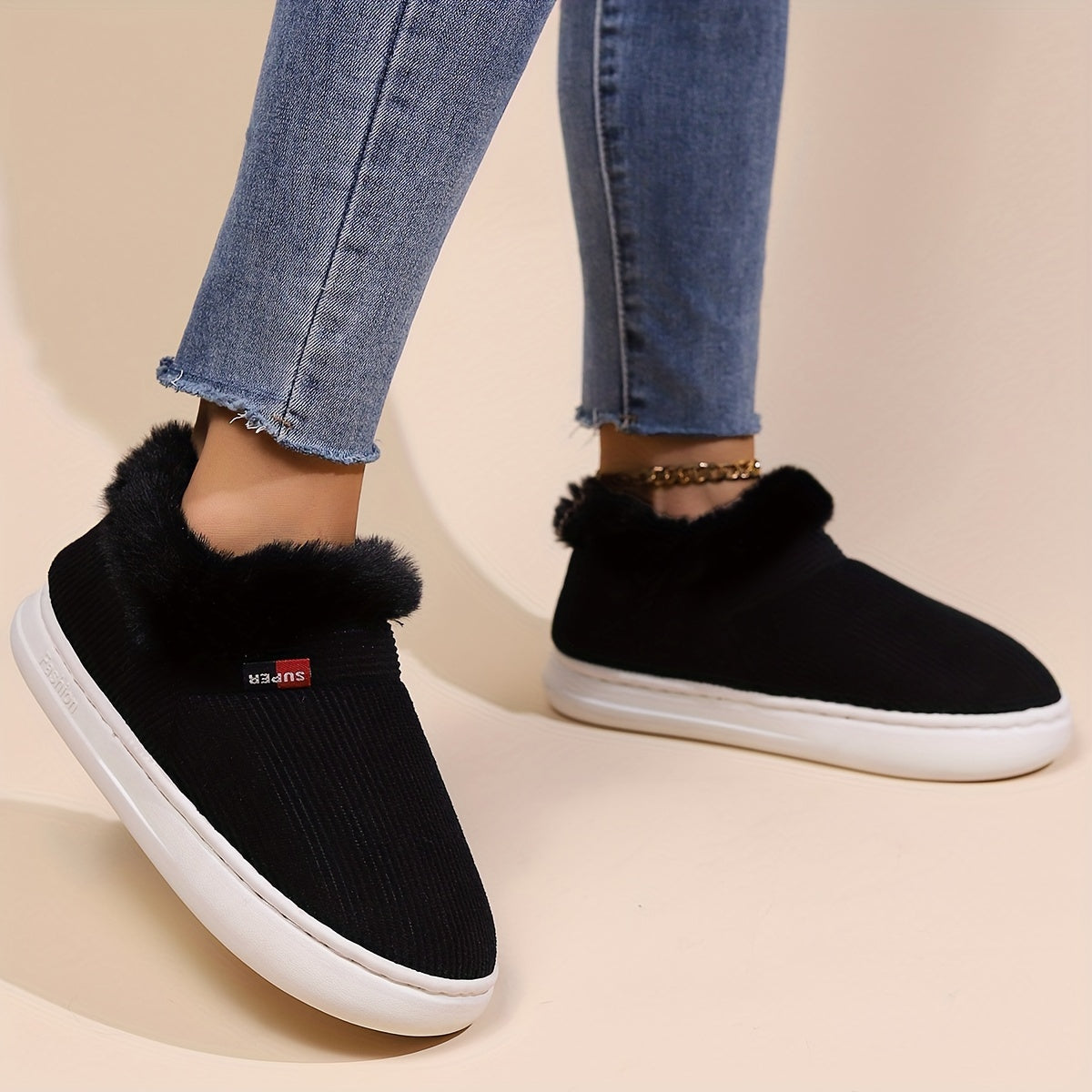 Ultra Soft Cozy Fuzzy House Slippers - Winter Warm Plush Lined Shoes for Men and Women - Cozy Corduroy Slip On Slippers with Fleece Lining for Cold Weather