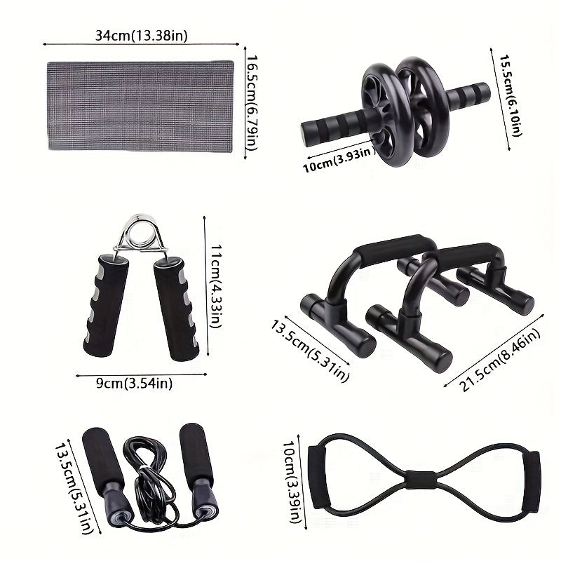 7pcs/set Complete Ab Workout Set With Push-up Stand, Ab Wheel, Mini Mat, Resistance Band, Jump Rope & Hand Gripper - Strengthen Core, Build Muscle, Burn Fat