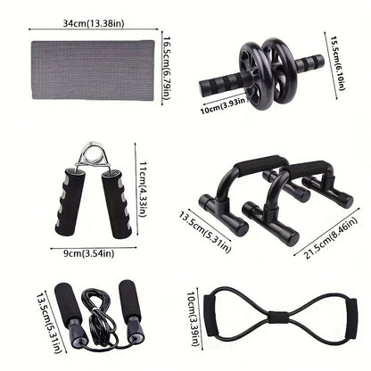 7pcs/set Complete Ab Workout Set With Push-up Stand, Ab Wheel, Mini Mat, Resistance Band, Jump Rope & Hand Gripper - Strengthen Core, Build Muscle, Burn Fat