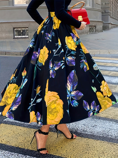 Plus Size Elegant Skirt, Women's Plus Floral Print Elastic High Rise Slight Stretch A-line Maxi Skirt