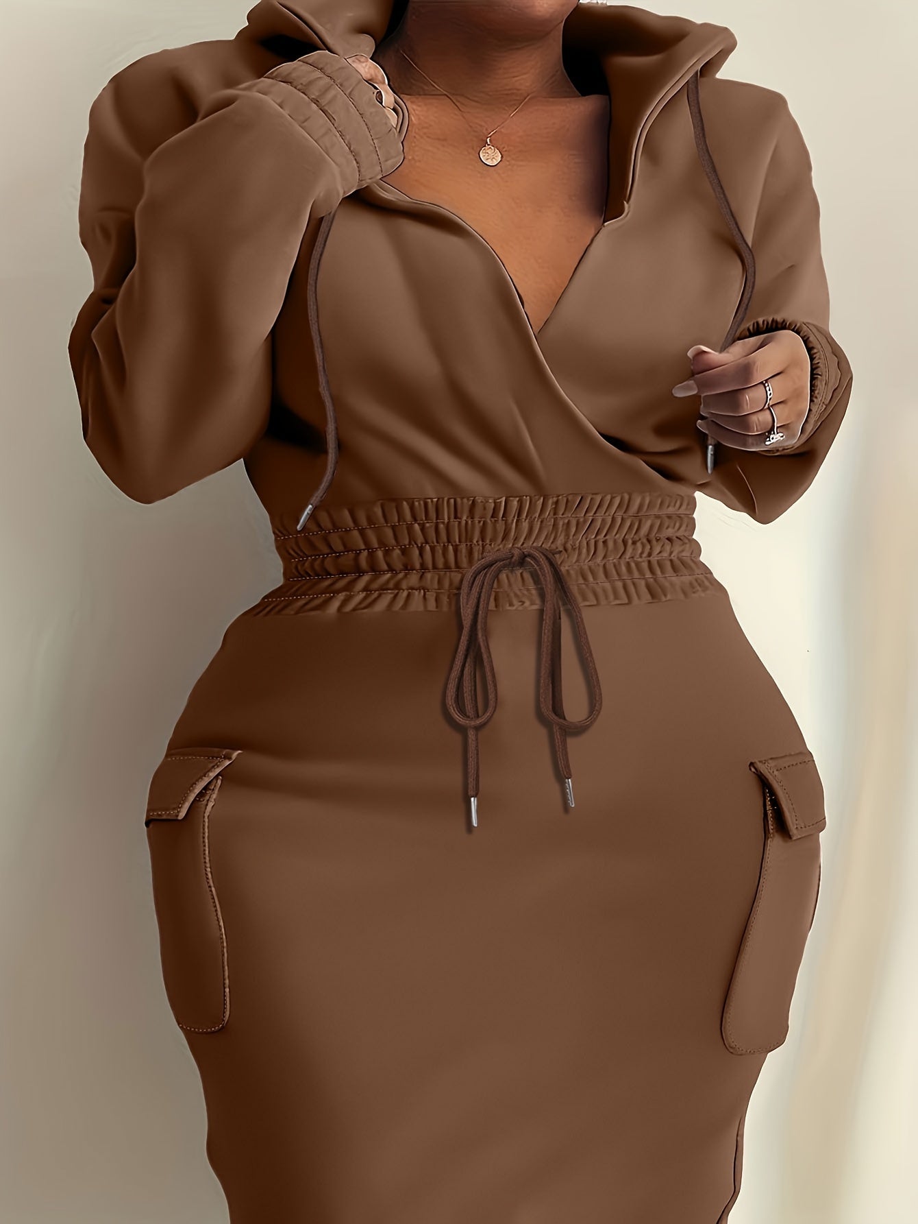 Plus Size Elegant Tunic Dress - Hooded, Shirred, Nipped Waist, Long Sleeve, Bodycon, Midi Length, Solid Color, Polyester, Machine Washable, Pocket Detail